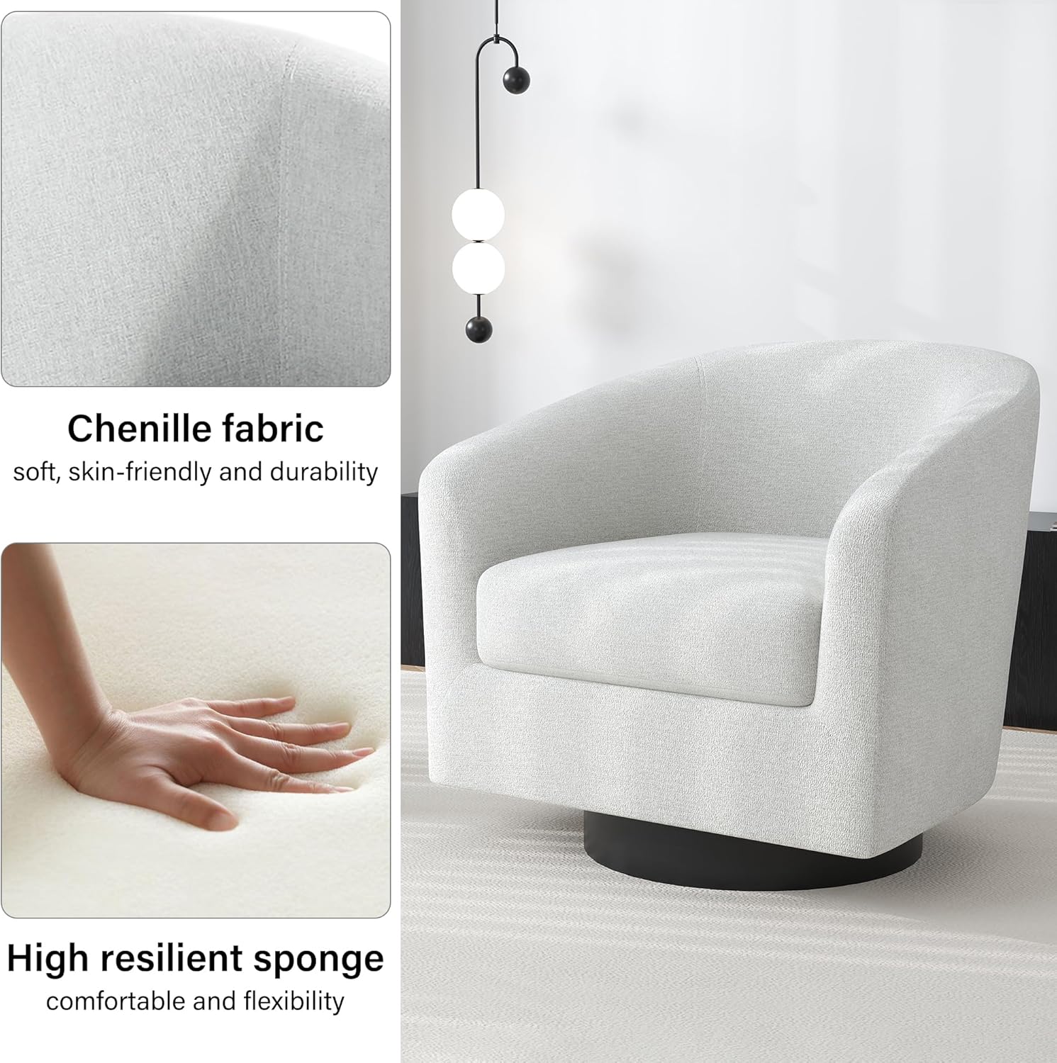 Swivel Barrel Accent Chair, Modern Round Chenille Fabric Arm Chair for Living Room, Bedroom, Comfy