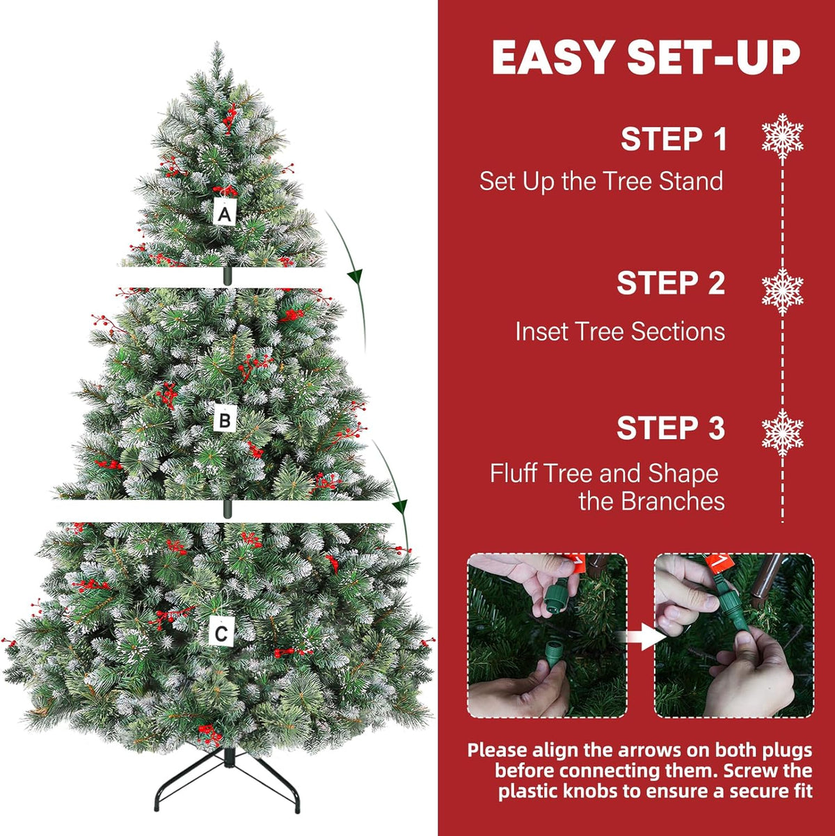 Hykolity 7.5 ft Prelit Artificial Christmas Tree, Partially Frosted Christmas Pine Tree with Red