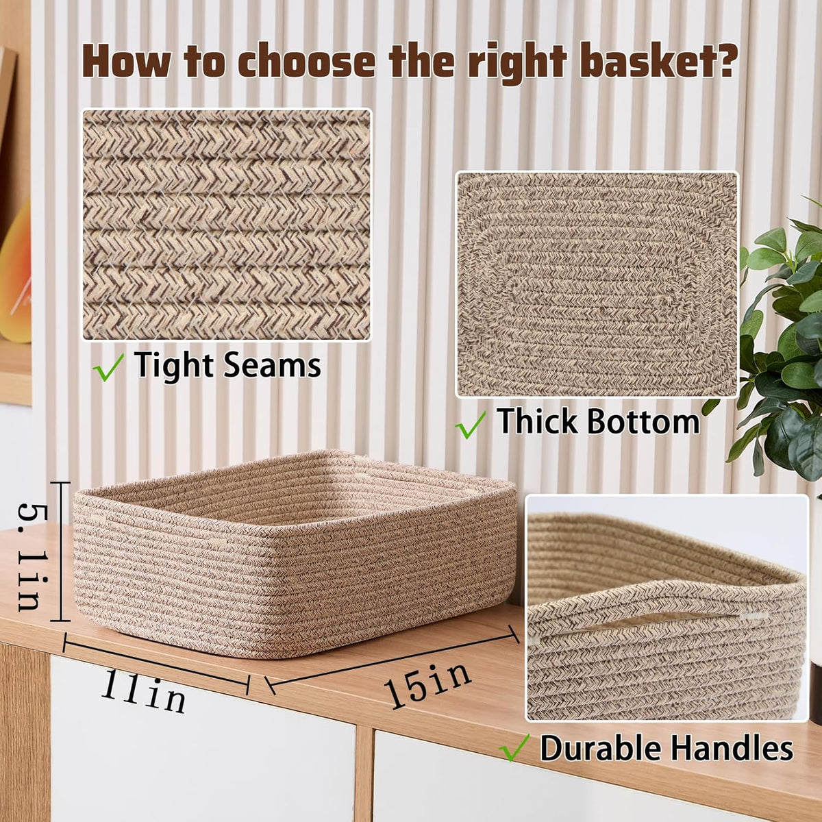 Large Shallow Organizing Baskets 15x11x5.1 Inches - Rope Woven Storage Bins for Bathroom, Shelves