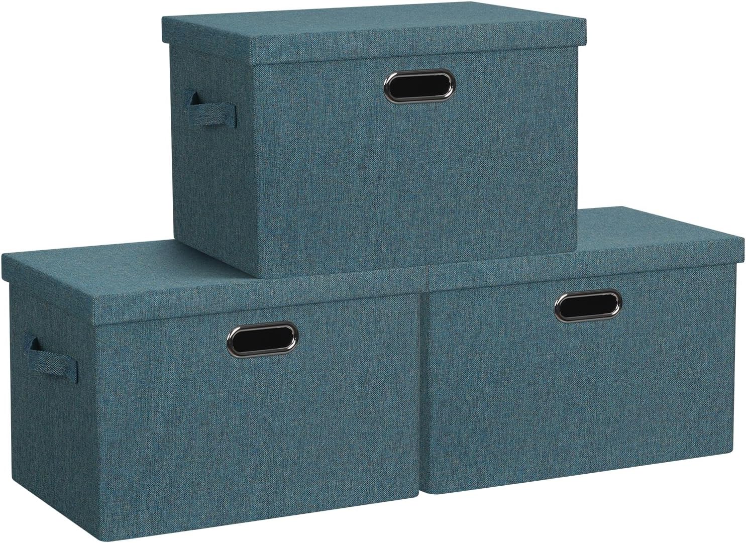 Large 17" 36 Quart Collapsible Stackable Storage Bins with Lids, 3 Packs Blue-Green Linen Fabric