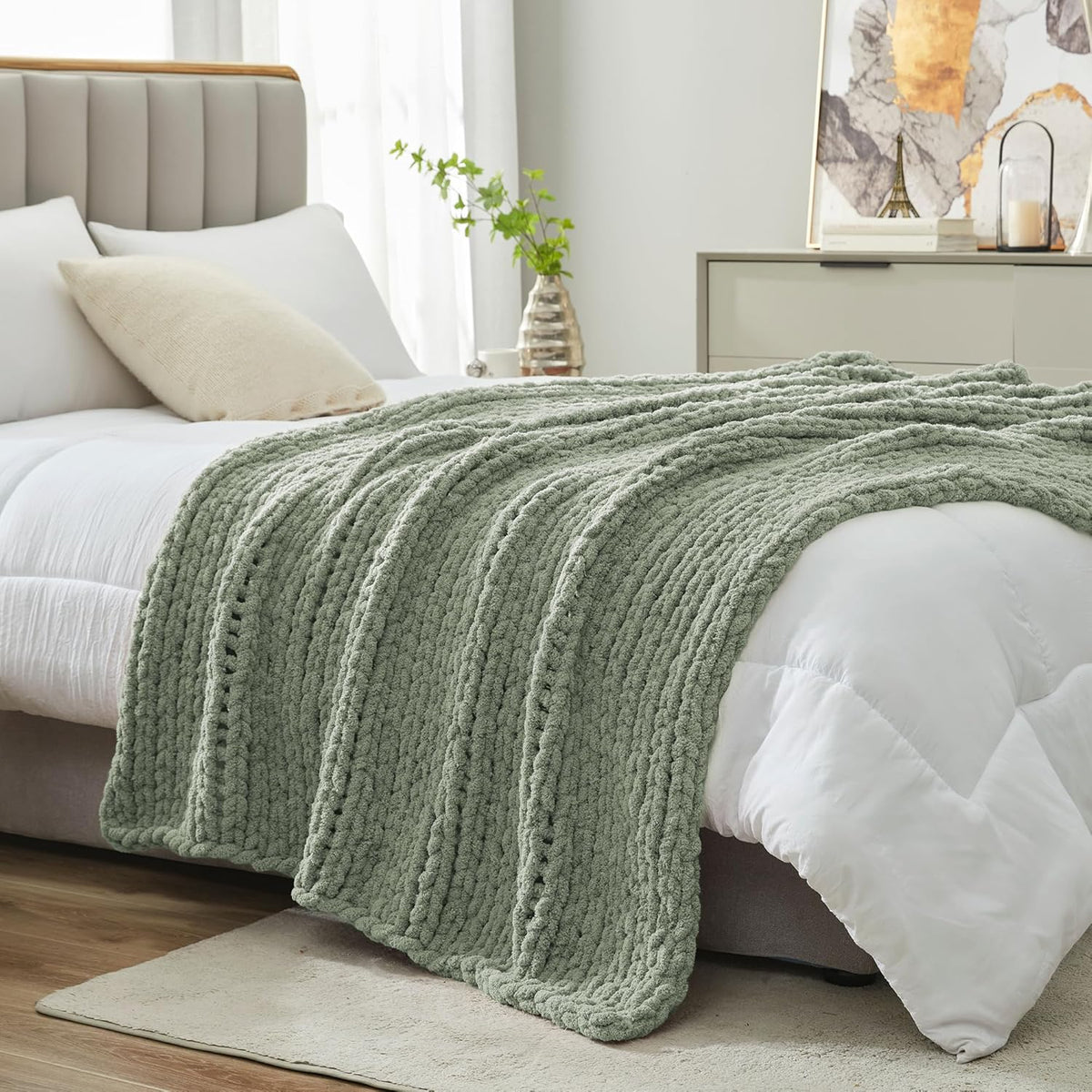Amélie Home Chunky Knit Throw Blanket for Couch, Soft Chenille Crochet Blanket for Sofa, 50"x60"