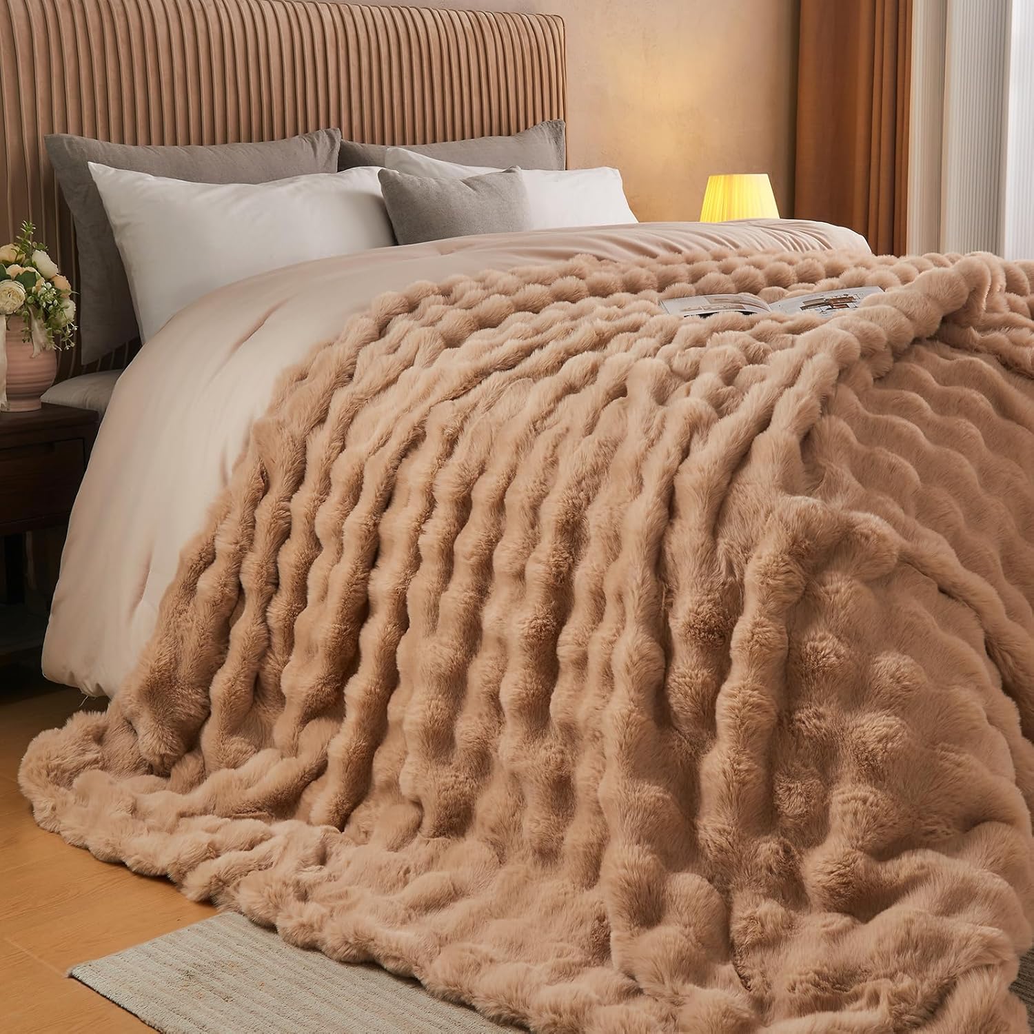 Lotus Karen King Size Faux Fur Blanket Khaki - Big Bubble Rabbit Fluff Blanket for Bed, Large