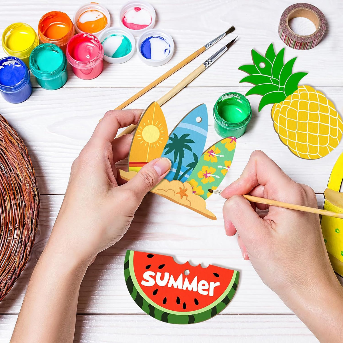 80PCS Wooden Summer Ornaments to Paint, 10 Styles DIY Blank Unfinished Wood Beach Cutouts Ornament