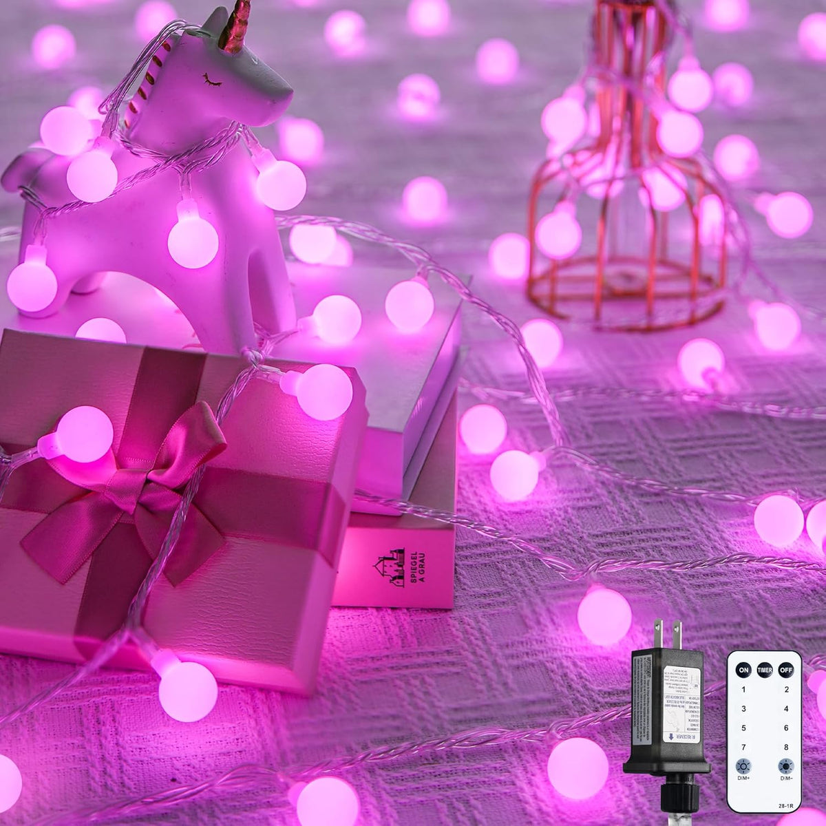 JMEXSUSS 100 LED Pink String Lights Indoor, Connectable Globe String Lights Plug in, 8 Modes 33ft