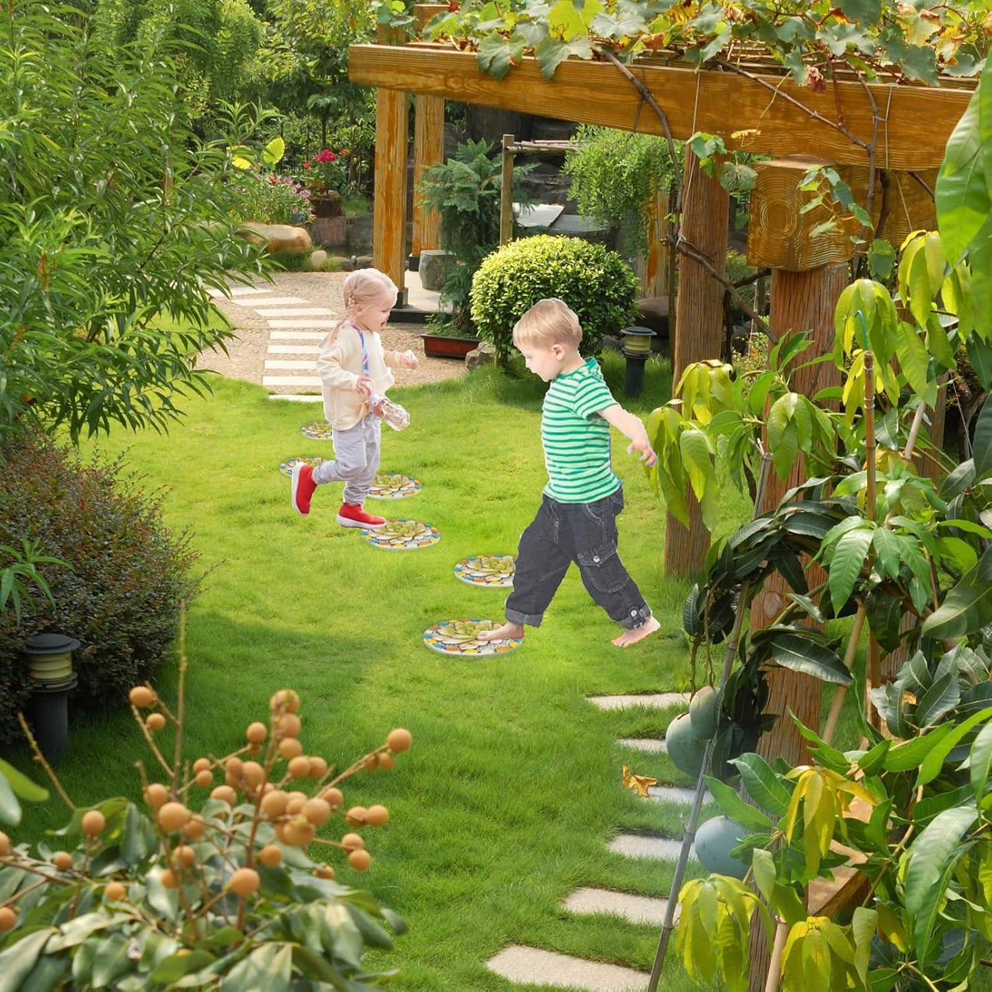 Succulent Pattern Cement Stepping Stones - Outdoor Pavers for Walkway, Multicolored Decorative