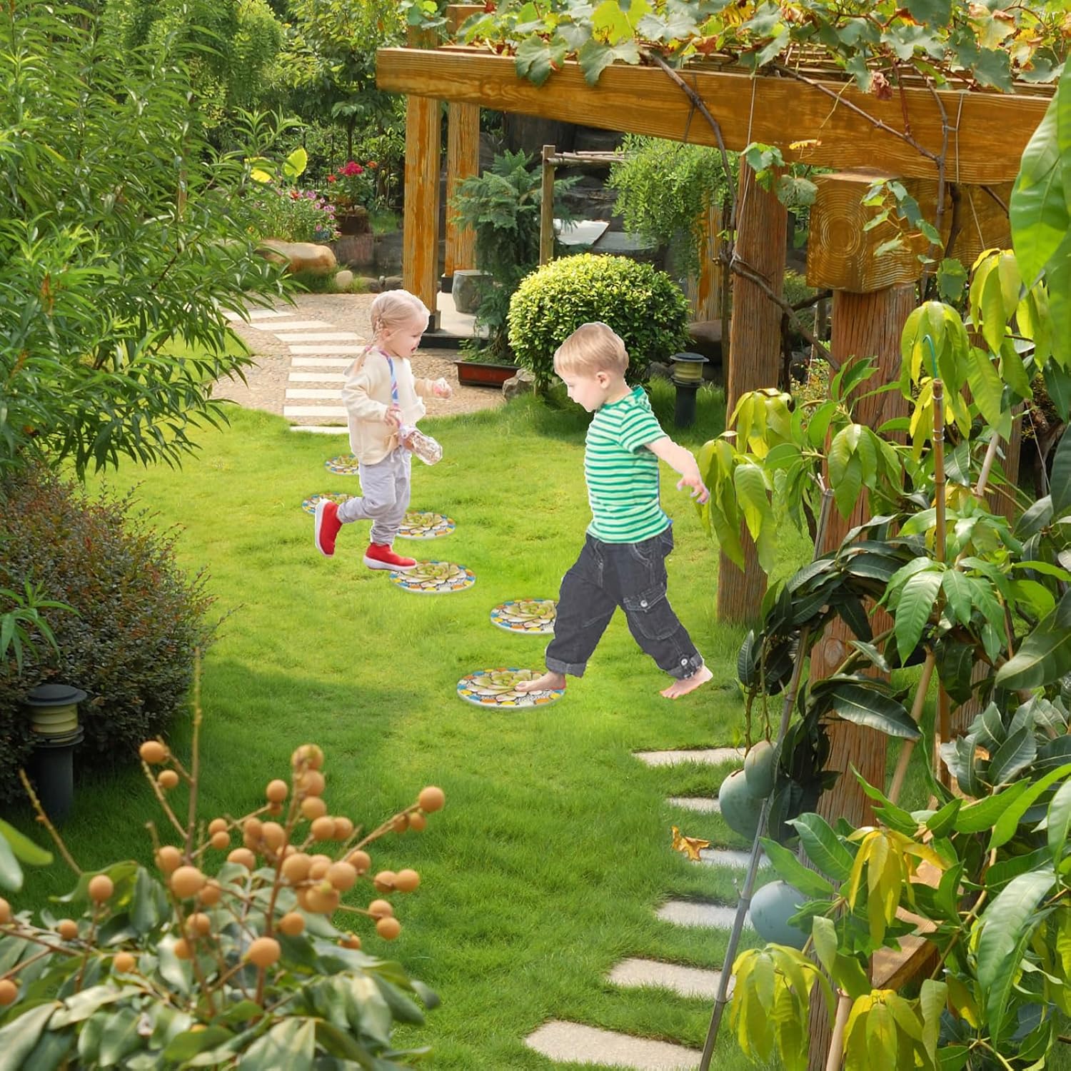 Succulent Pattern Cement Stepping Stones - Outdoor Pavers for Walkway, Multicolored Decorative