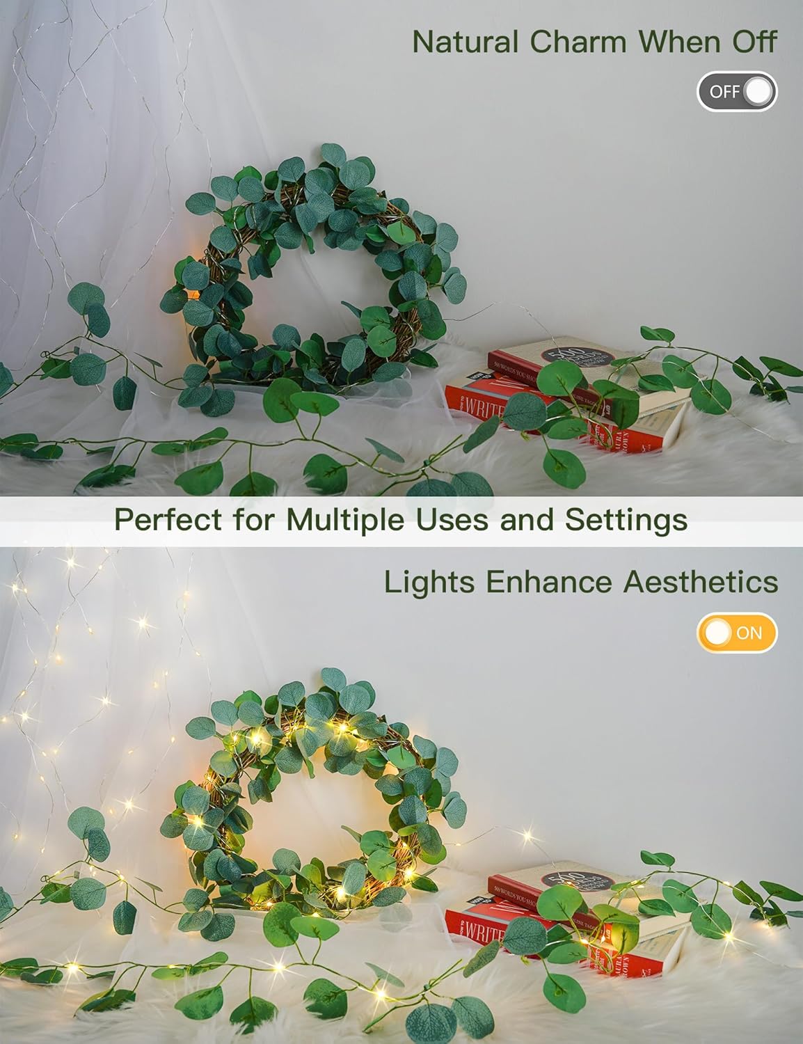suddus Vines with Lights Battery Operated, 33ft 100 LED Eucalyptus Garland String Lights with
