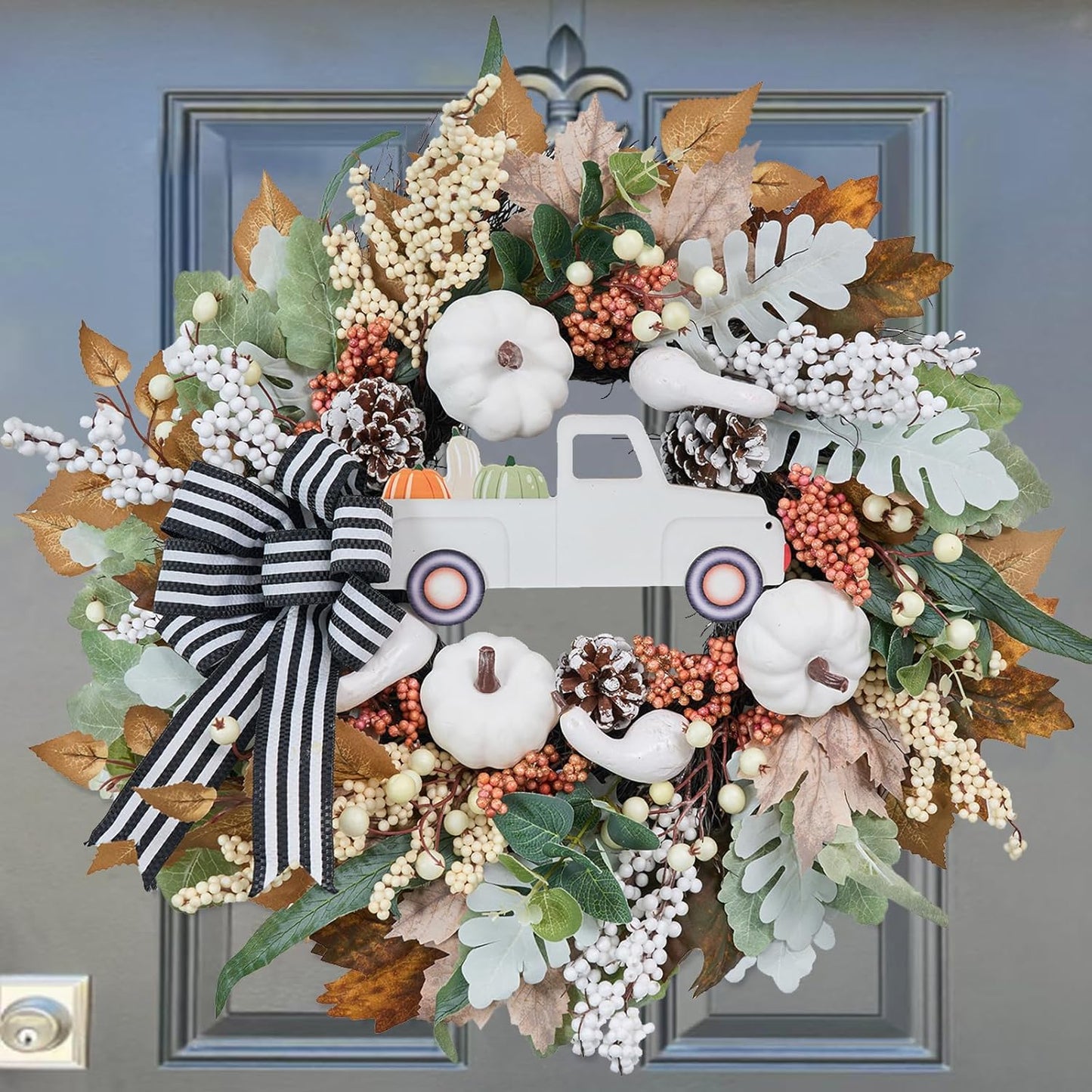 Fall Wreath for Front Door,20 inch White Pumpkin Door Wreath with Truck and Bow, Harvest Porch