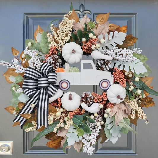 Fall Wreath for Front Door,20 inch White Pumpkin Door Wreath with Truck and Bow, Harvest Porch