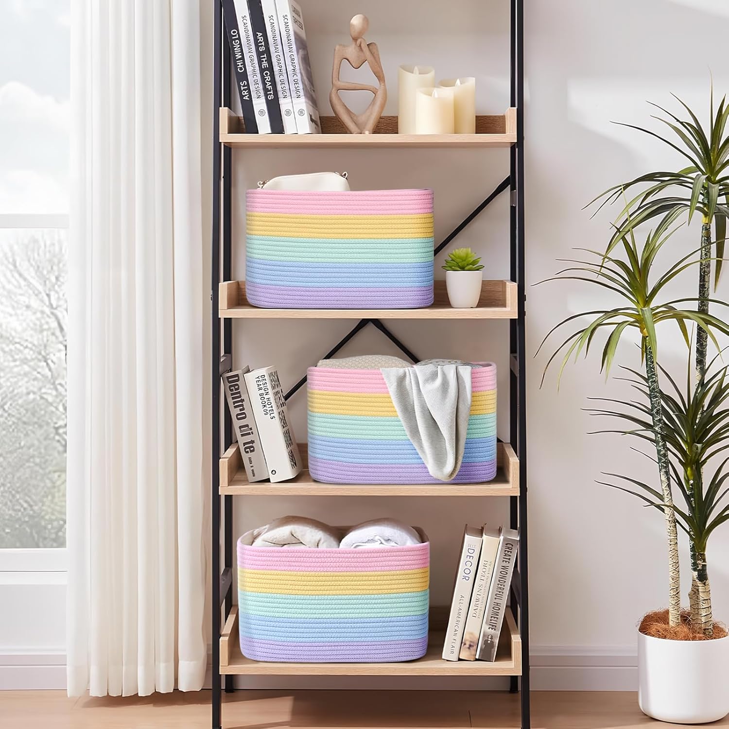 Shelf Baskets for Organizing, Woven Storage Basket for Shelves，Cotton Rope Storage Bins for Toys