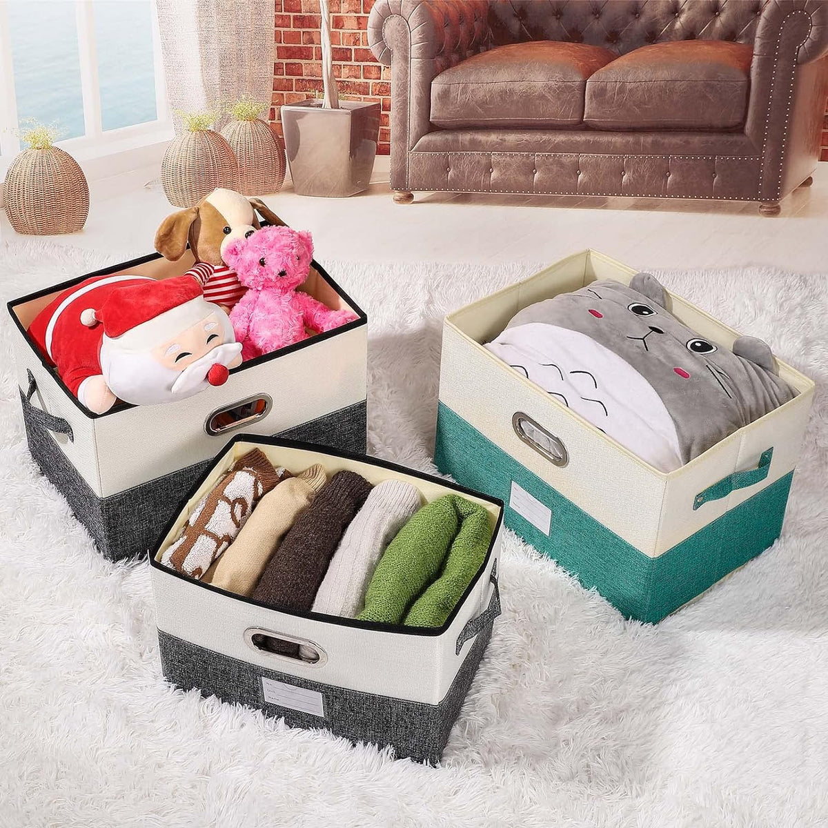 Large Linen Fabric Foldable Storage Bins with Removable Lid and Handles, Washable Storage Box