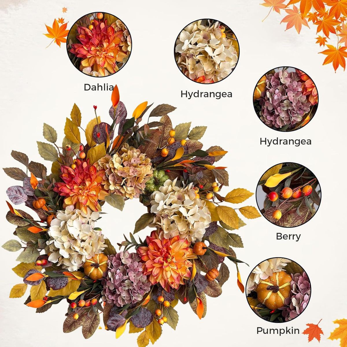 24Inch Fall Wreaths for Front Door,Fall Wreath with Beige Hydrangea,Orange Dahlia Artificial