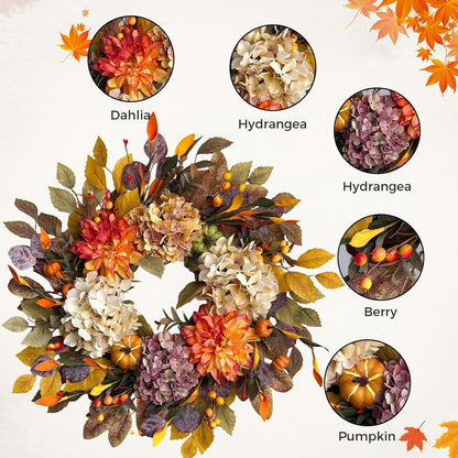 24Inch Fall Wreaths for Front Door,Fall Wreath with Beige Hydrangea,Orange Dahlia Artificial