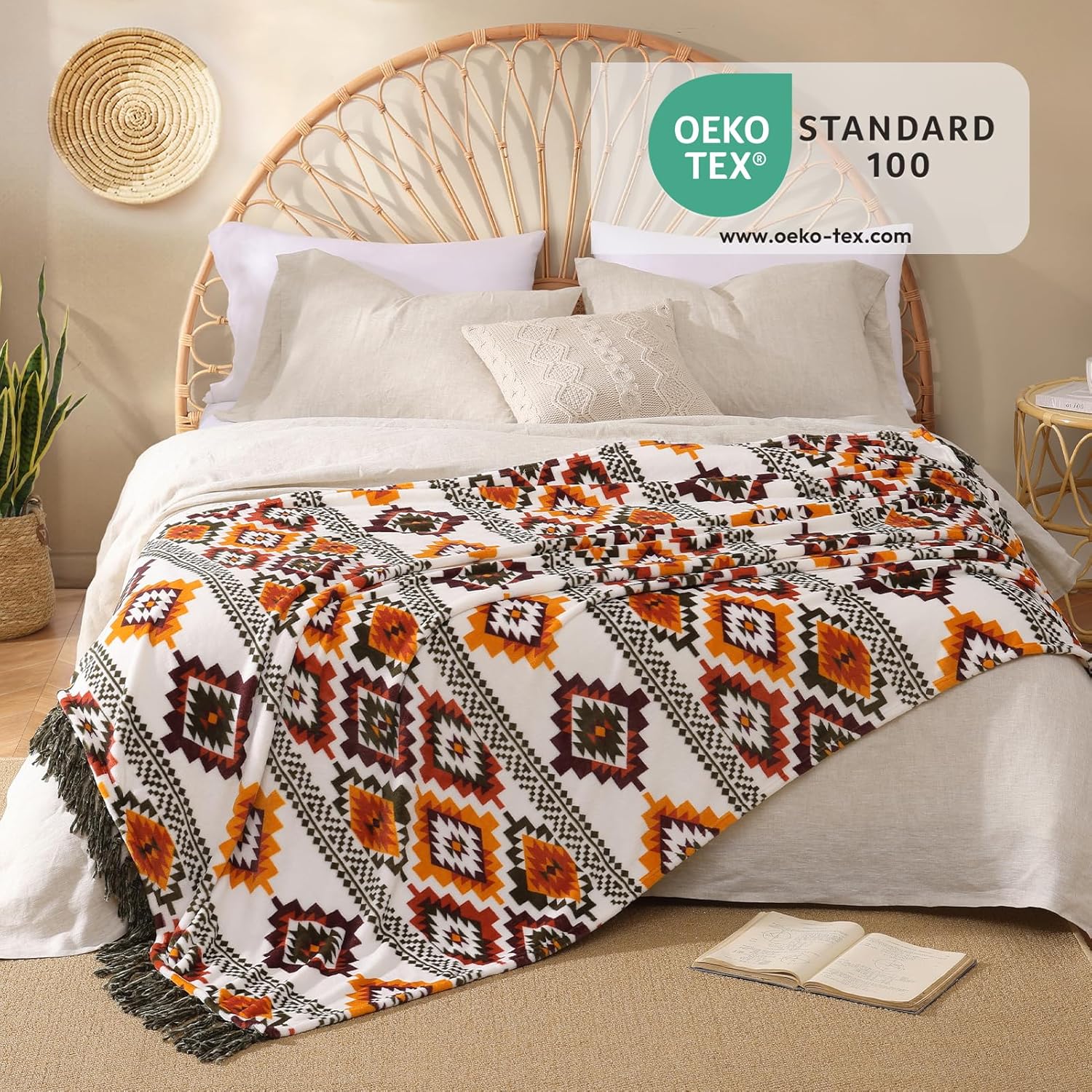CASAAGUSTO Boho Throw Blanket - Orange and Green Decorative Blankets with Tassel, Printed Flannel