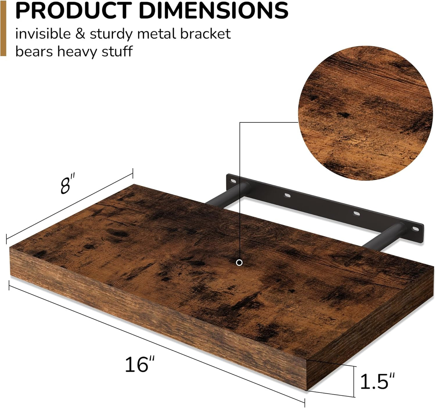Fun Memories 16 Inch Floating Shelves - Deep Rustic Wooden Wall Shelves - Extra Deeper & Thicker