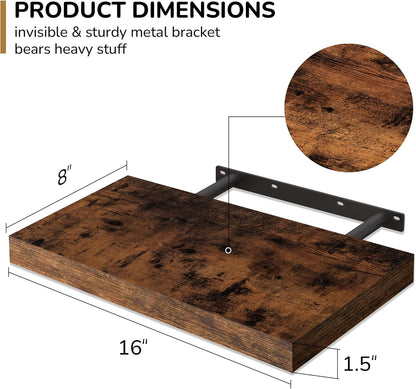 Fun Memories 16 Inch Floating Shelves - Deep Rustic Wooden Wall Shelves - Extra Deeper & Thicker