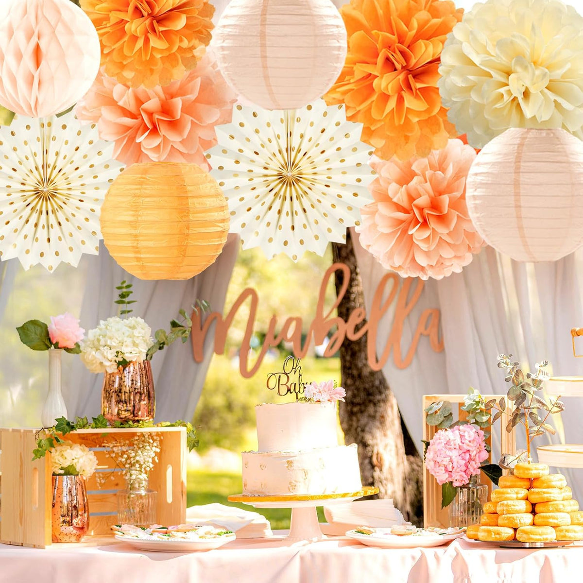 Beige-Orange Peach Fall Party-Decorations Paper-Lanterns- 14pcs Autumn Thanksgiving Harvest