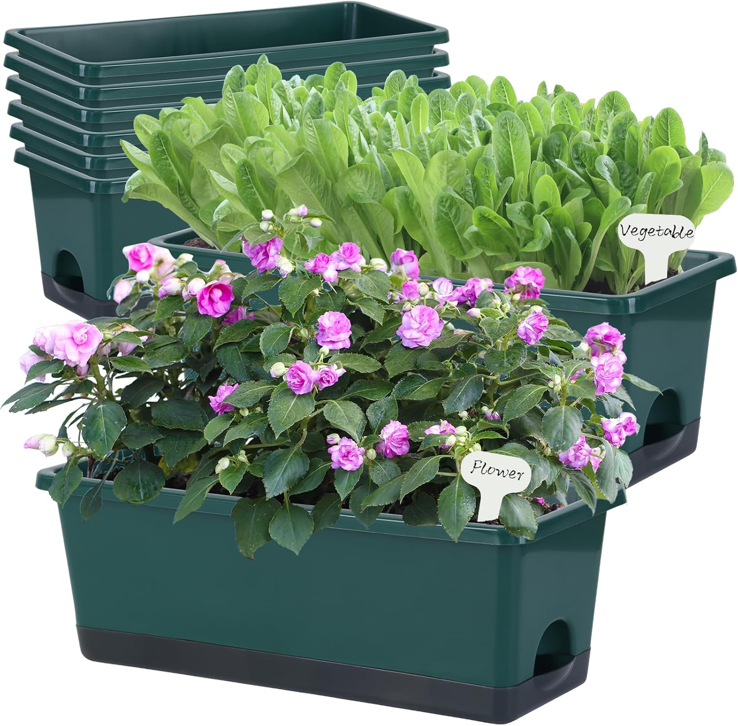 Window Box Planter 8 Pcs, 17 Inches Rectangle Flower Pots with Drainage Holes and Trays, Vegetable
