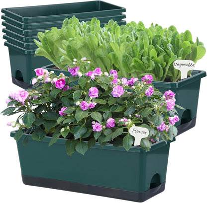 Window Box Planter 8 Pcs, 17 Inches Rectangle Flower Pots with Drainage Holes and Trays, Vegetable