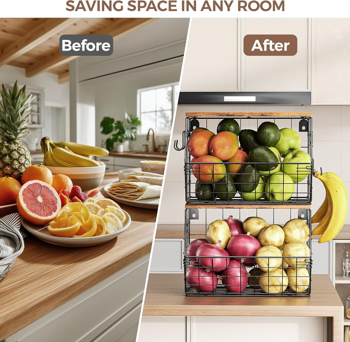 Delamu 2-Pack Stackable Metal Fruit Basket with Wood Lid-Wall Mounted & Countertop Organizer for