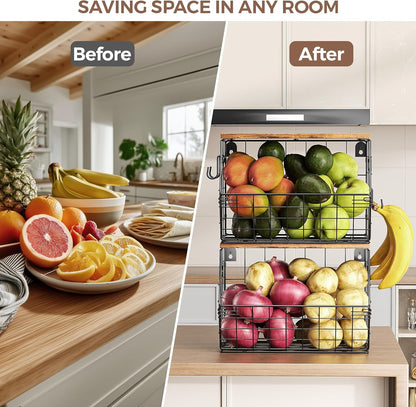 Delamu 2-Pack Stackable Metal Fruit Basket with Wood Lid-Wall Mounted & Countertop Organizer for