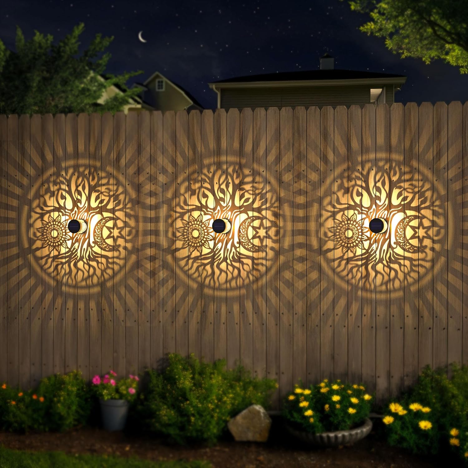 4 Pack Large Solar Fence Lights Metal Solar Powered Outdoor Wall Deck Step Lights Tree Theme
