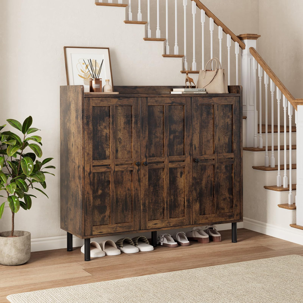 ComfyCorner Shoe Cabinet with 3 Doors, Shoe Rack for Entryway, Rustic Brown
