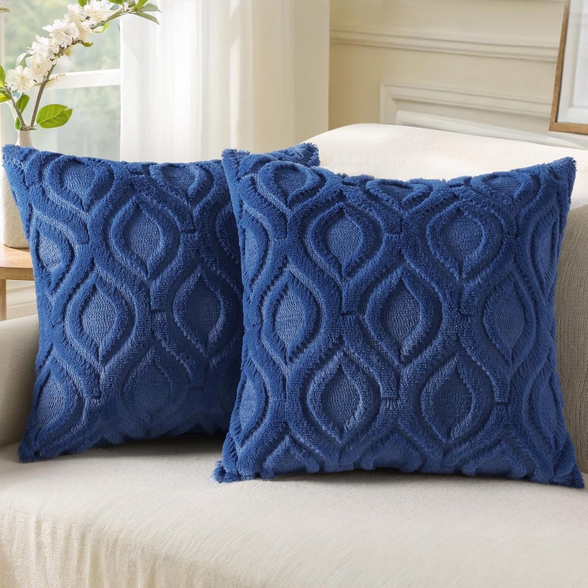 decorUhome Fall Throw Pillow Covers 20x20 Inch Set of 2, Soft Plush Decorative Faux Fur Dark Blue