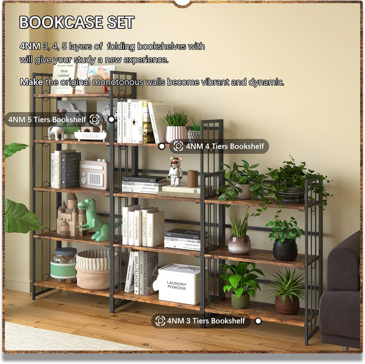 4NM No Assembly 5 Tiers Folding Bookshelf, 59.4" H Foldable Storage Shelves Vintage Bookcase