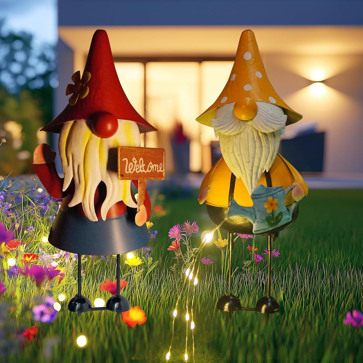 HONGLAND Metal Gnome Yard Art -18 Inch Garden Gnomes Statues Outdoor Decor with Watering Can Solar