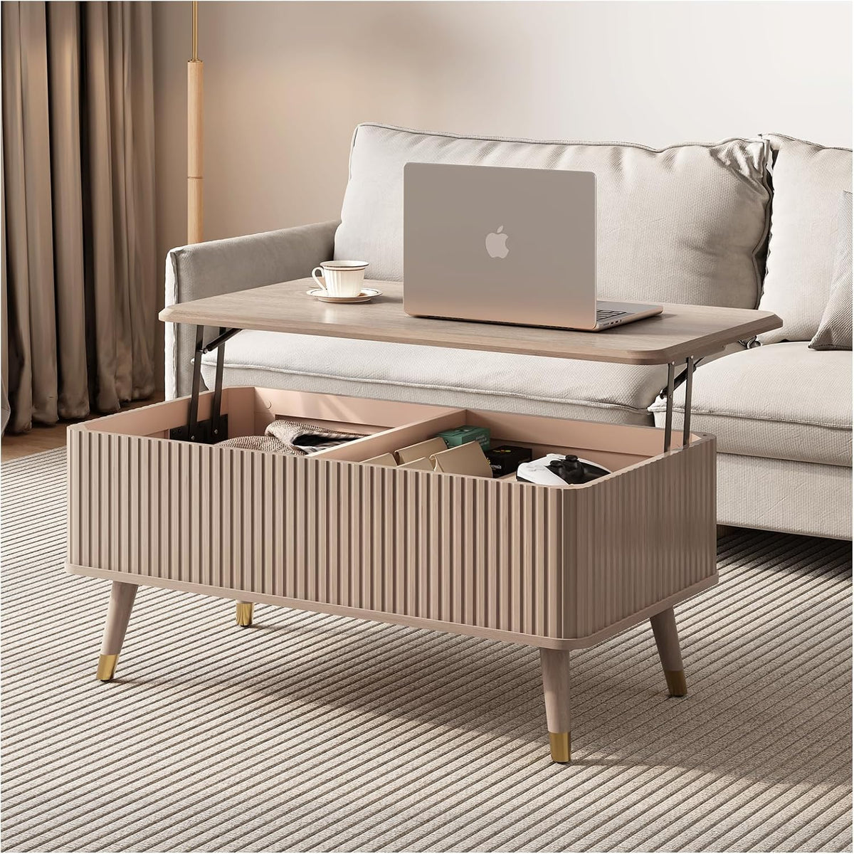Lift Top Coffee Table with Storage Shelf & Hidden Compartment, Mid Century Modern Fluted Rectangle