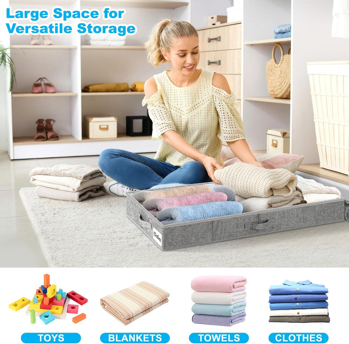 Under Bed Storage Container Bin 4 Pack, 4.5 Inch Slim Low Profile Underbed Clothes Storage
