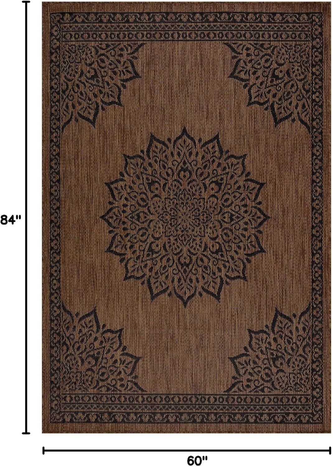 CAMILSON Outdoor Rug, 5x7 Medallion Nut Brown Black Modern Area Rugs for Indoor and Outdoor Patios