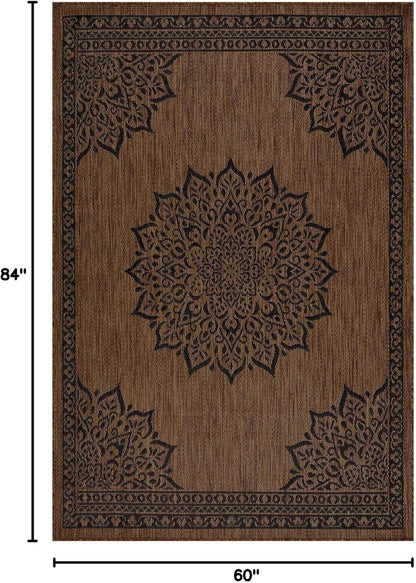CAMILSON Outdoor Rug, 5x7 Medallion Nut Brown Black Modern Area Rugs for Indoor and Outdoor Patios