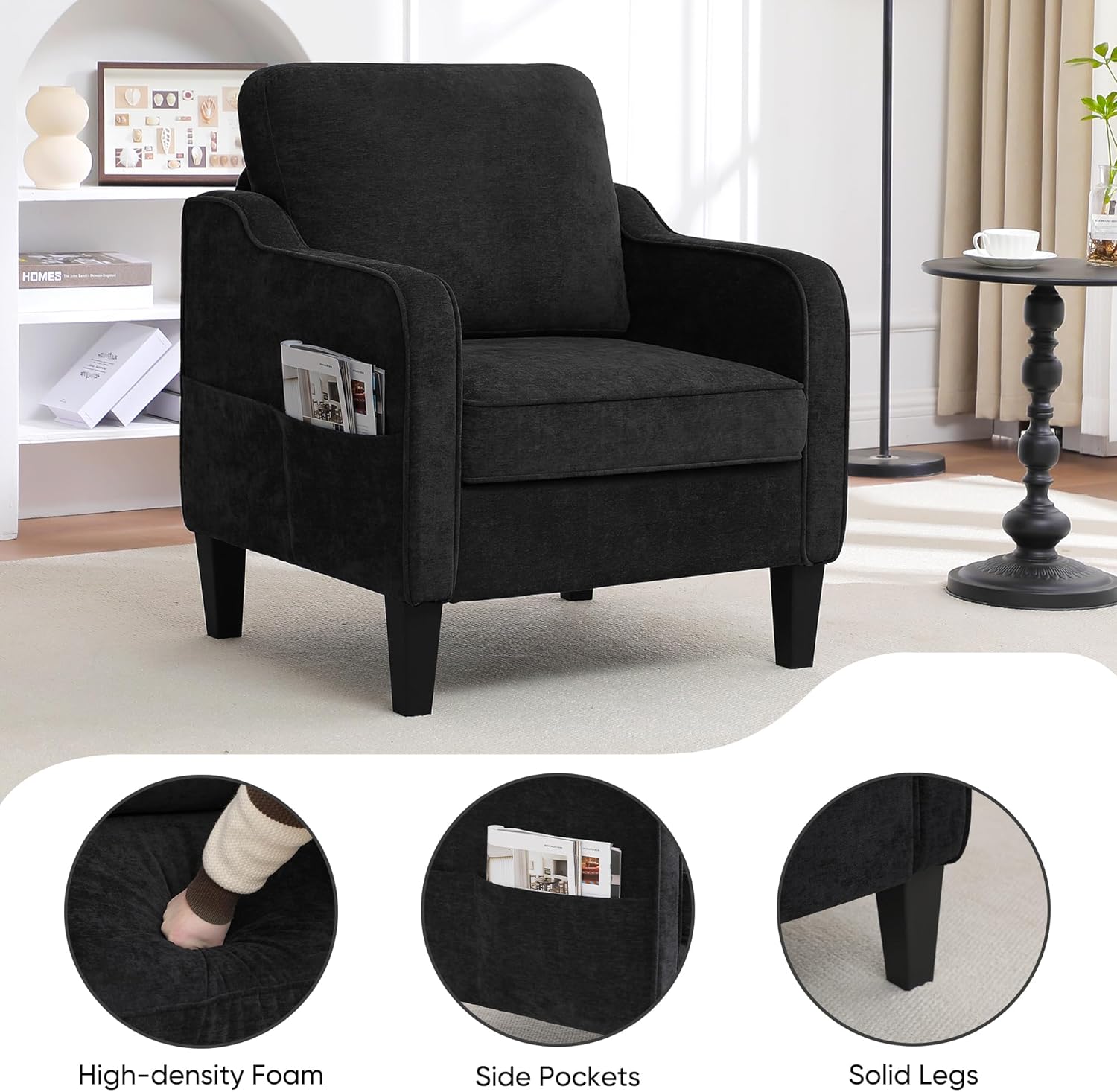 Accent Chair for Living Room, Mid Century Modern Reading Chair for Bedroom, Upholstered Armchair