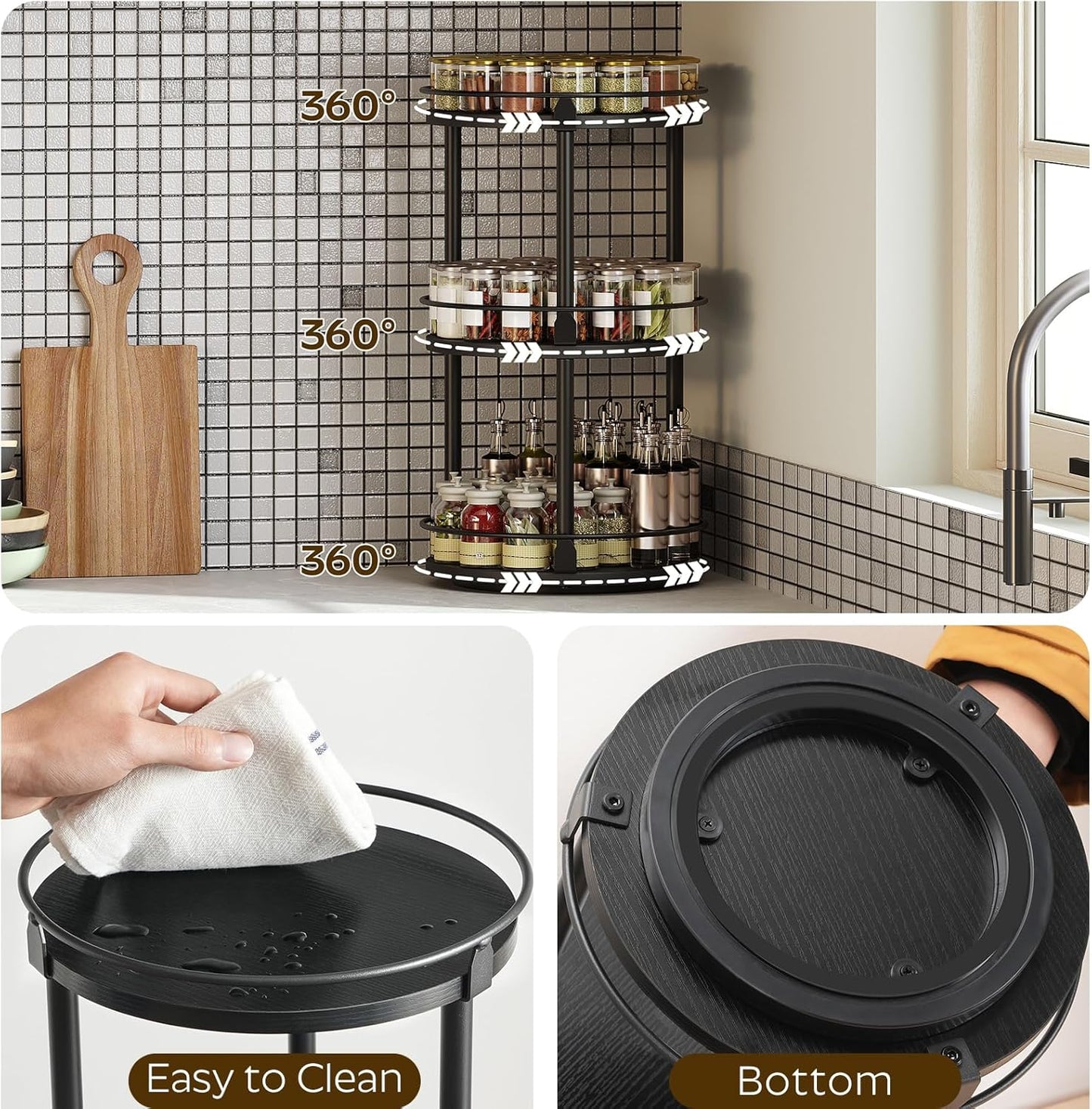 3-Tier Lazy Susan Organizer, Rotating Spice Rack, Spinning Organizer, Industrial Turntable Spice