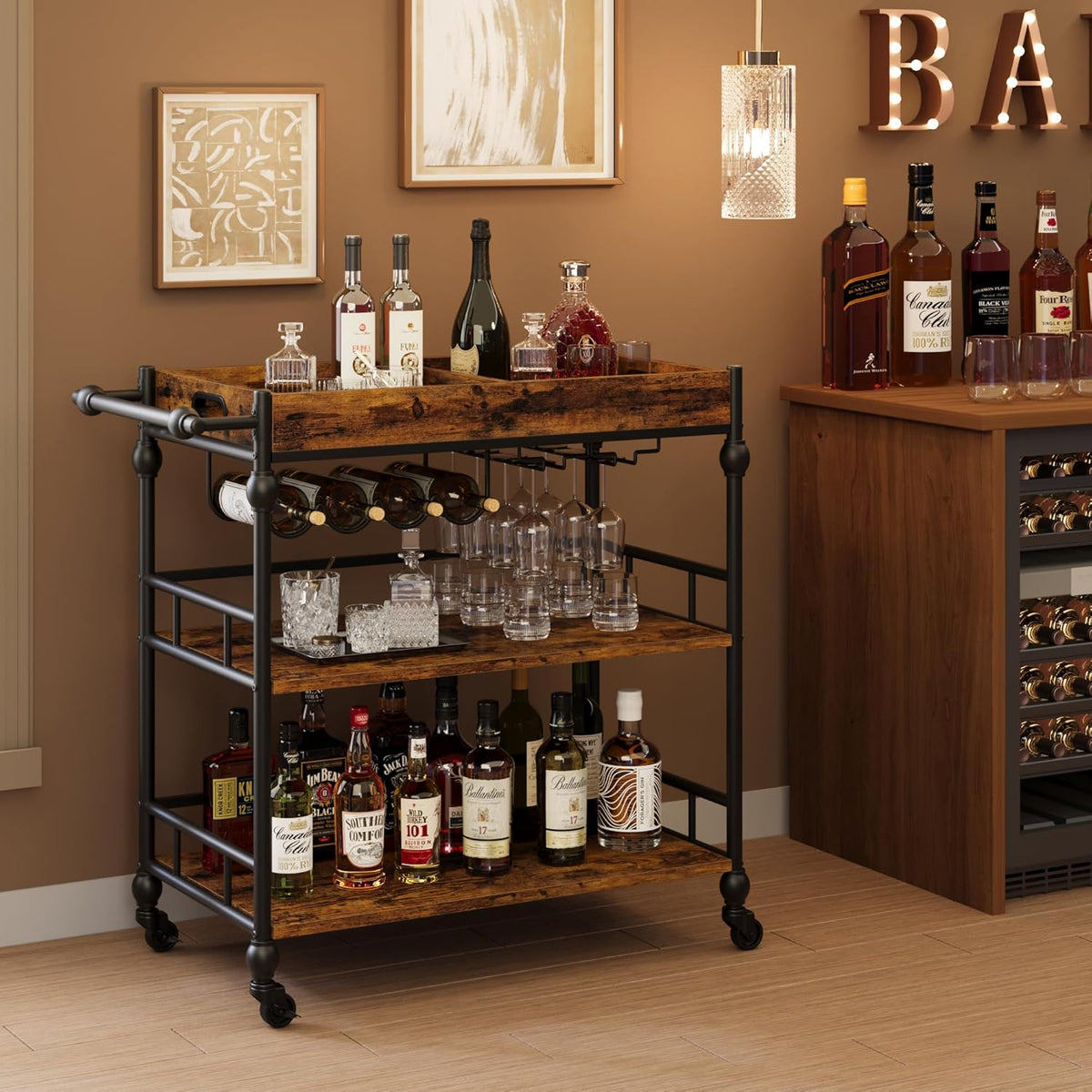 Bar Cart, Bar Carts for The Home, 3 Tier Serving Cart with Wheels, Home Bar & Serving Carts, Metal
