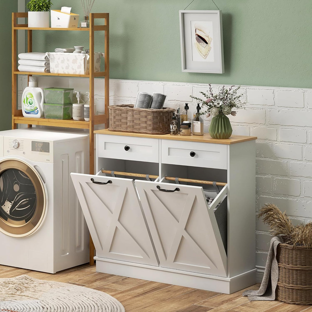 HOMCOM Tilt Out Laundry Hamper Cabinet with 2 Removable Baskets, Freestanding Bathroom Storage