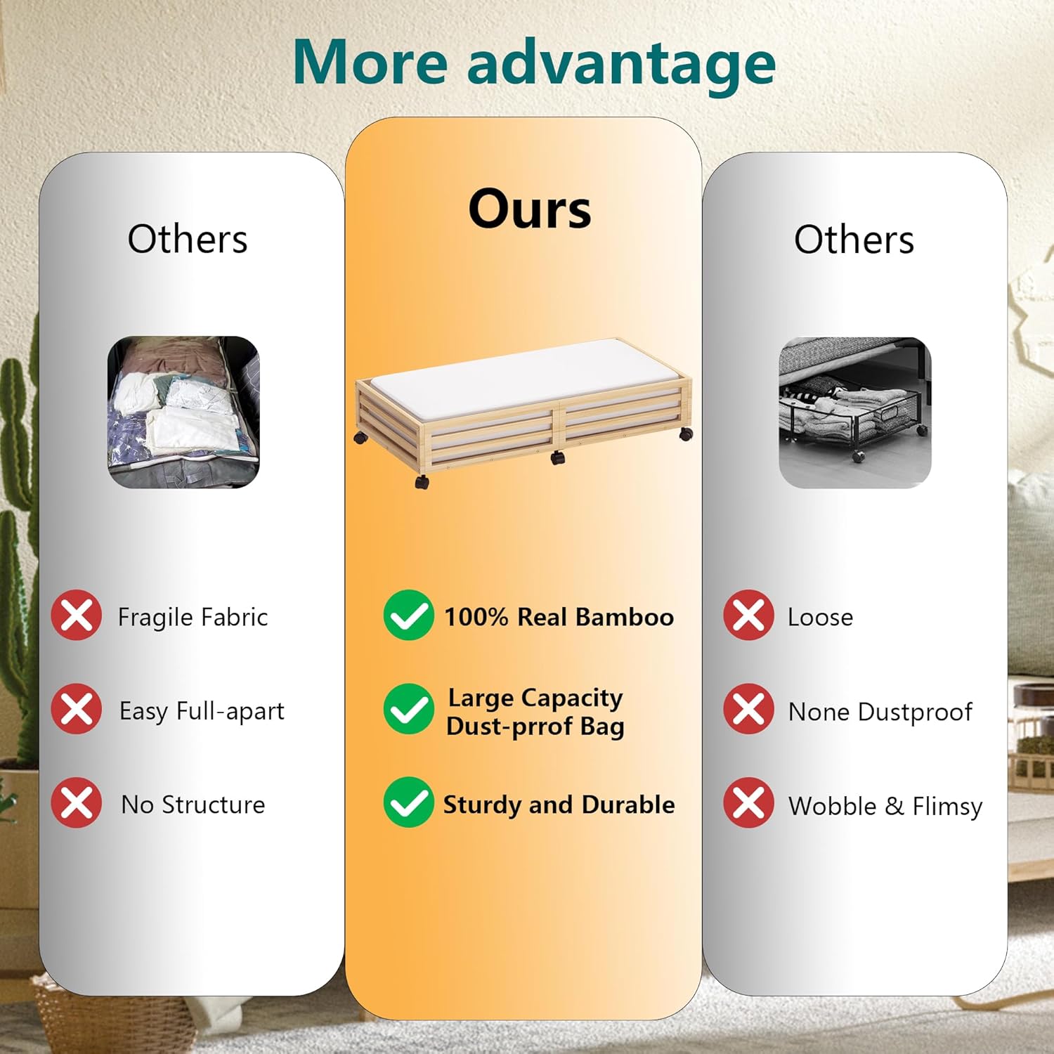 Bamboo Under Bed Storage Containers- Underbed Organizer with Wheels with Large Dust Bag,Sturdy Wood