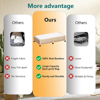 Bamboo Under Bed Storage Containers- Underbed Organizer with Wheels with Large Dust Bag,Sturdy Wood