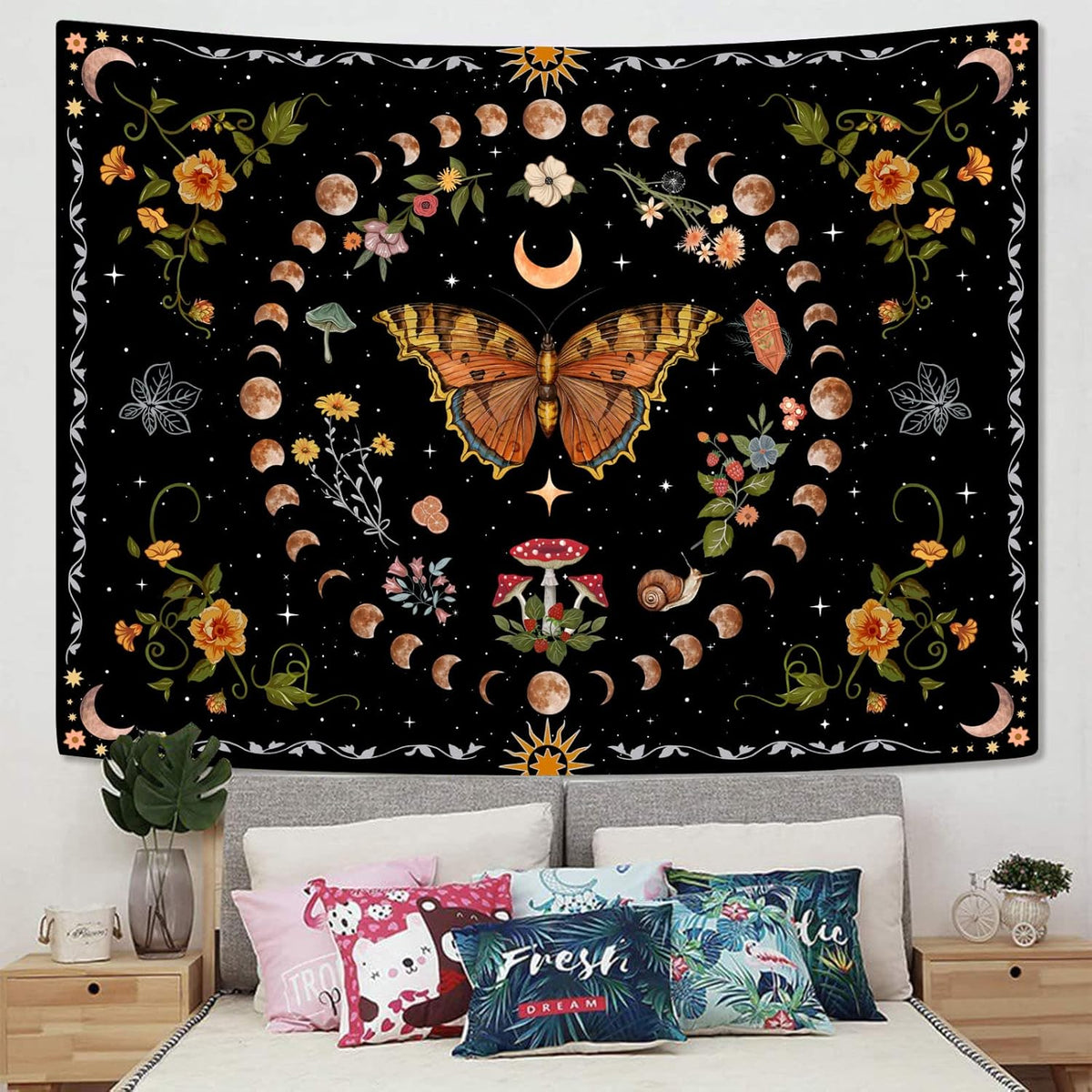 Aipon Orange Butterfly Moon Flower Tapestry Botanical Floral Plant Boho Tapestry for Bedroom