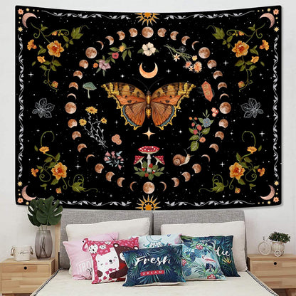 Aipon Orange Butterfly Moon Flower Tapestry Botanical Floral Plant Boho Tapestry for Bedroom