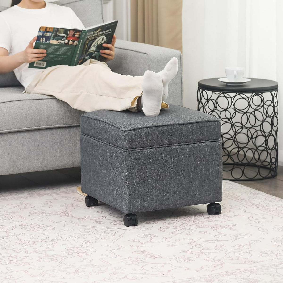 Adeco 17.5" Square Fabric Ottoman with Storage, Upholstered Cotton Linen Foot Rest, Flip Top