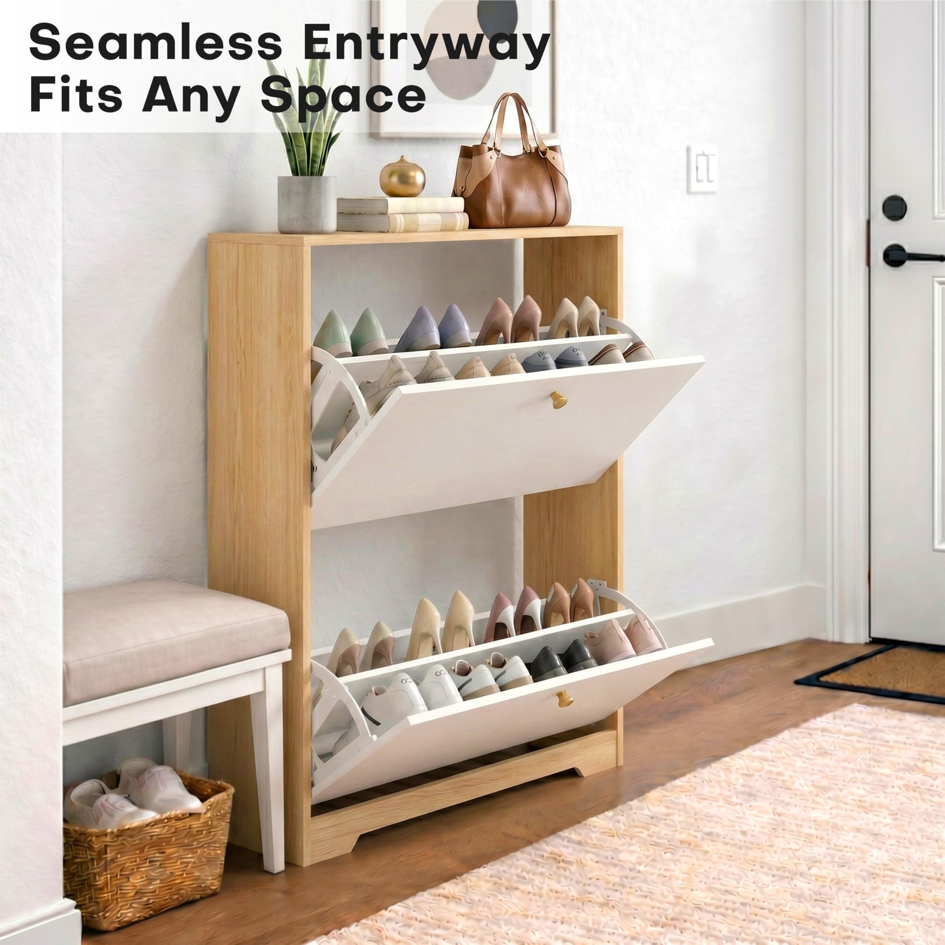 Nicetree Shoe Cabinet with 2 Flip Drawers, Narrow Shoe Organizer Cabinet, Freestanding Shoe Rack