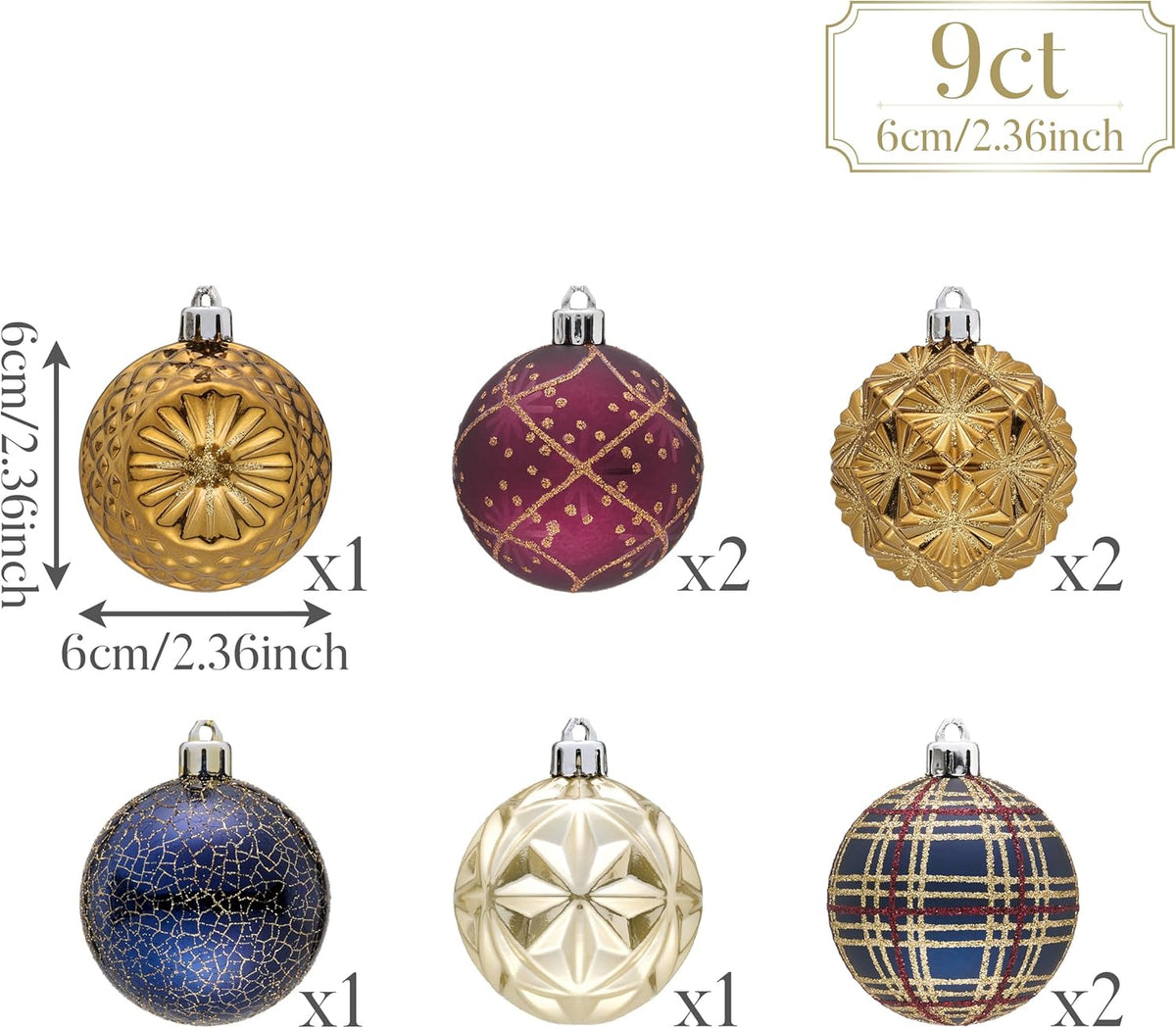 Valery Madelyn Ornaments for Christmas Trees, 9ct 2.36 Inches Bronze Copper Gold and Purple