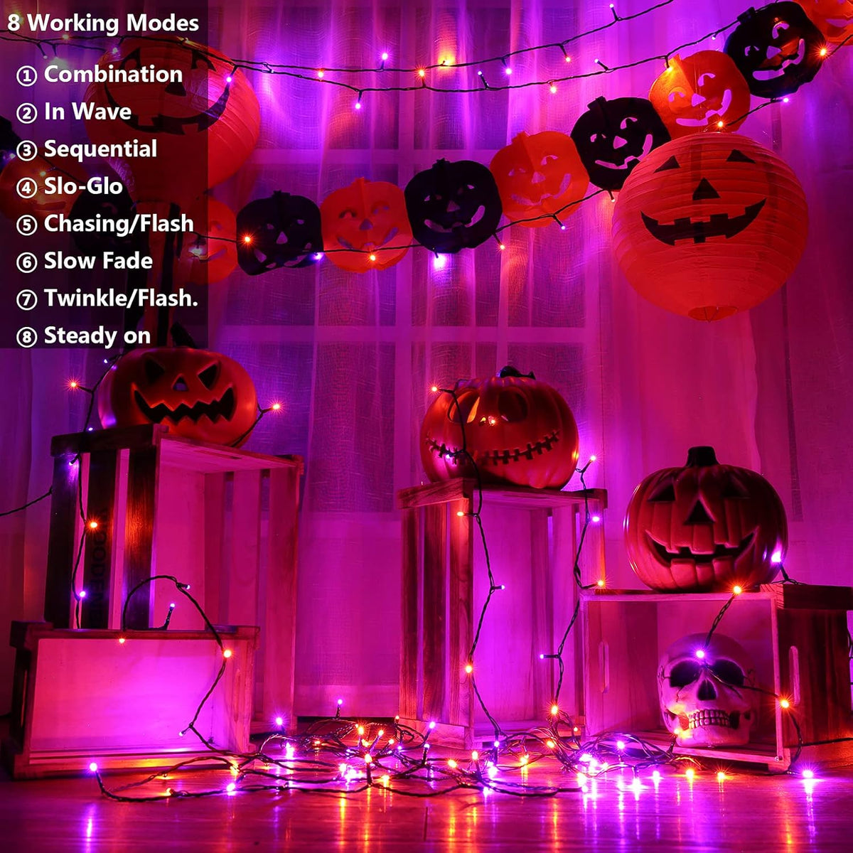 Joomer 2 Pack Orange Purple Halloween Solar String Lights Total 144 FT 400 LED 8 Modes Waterproof