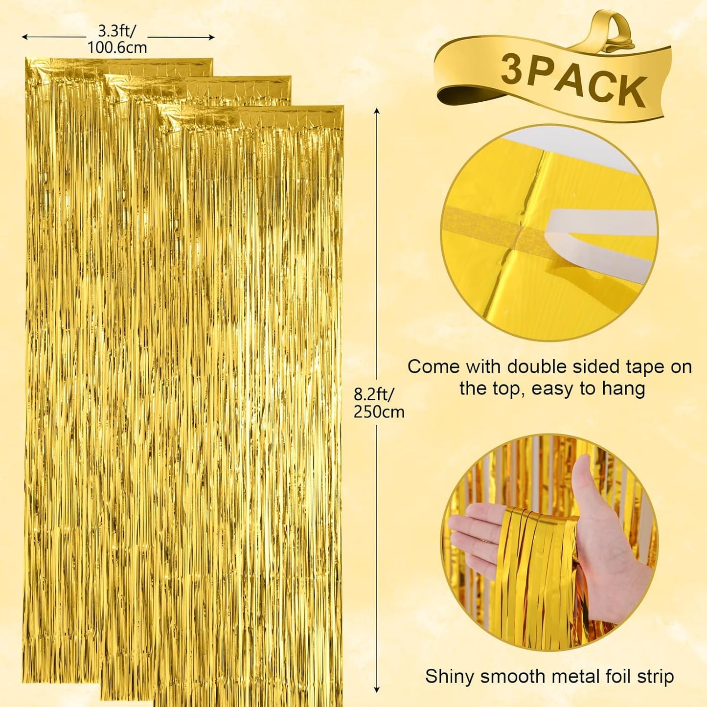 3 Pack 3.3x8.2 Feet Gold Foil Fringe Backdrop Curtains, Tinsel Streamers, Fringe Backdrop for 2025