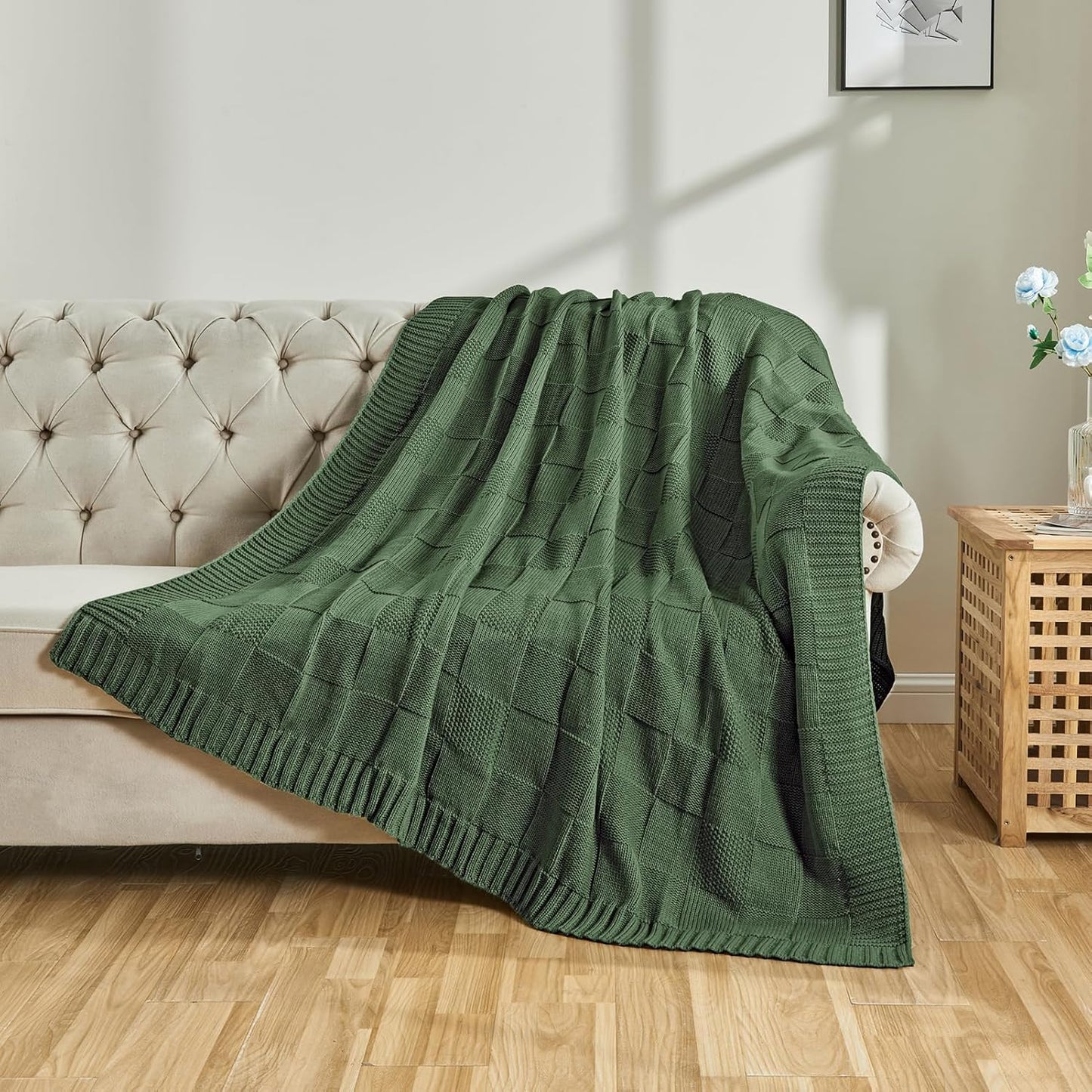 CozeCube Knit Throw Blanket,Christmas Green Checkered Bedroom Blanket for Couch,Soft Cozy Warm