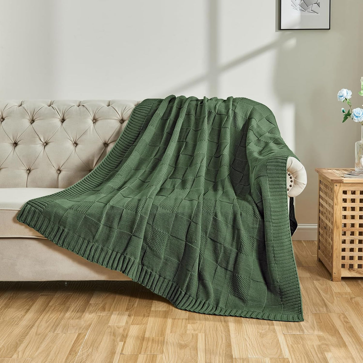 CozeCube Knit Throw Blanket,Christmas Green Checkered Bedroom Blanket for Couch,Soft Cozy Warm