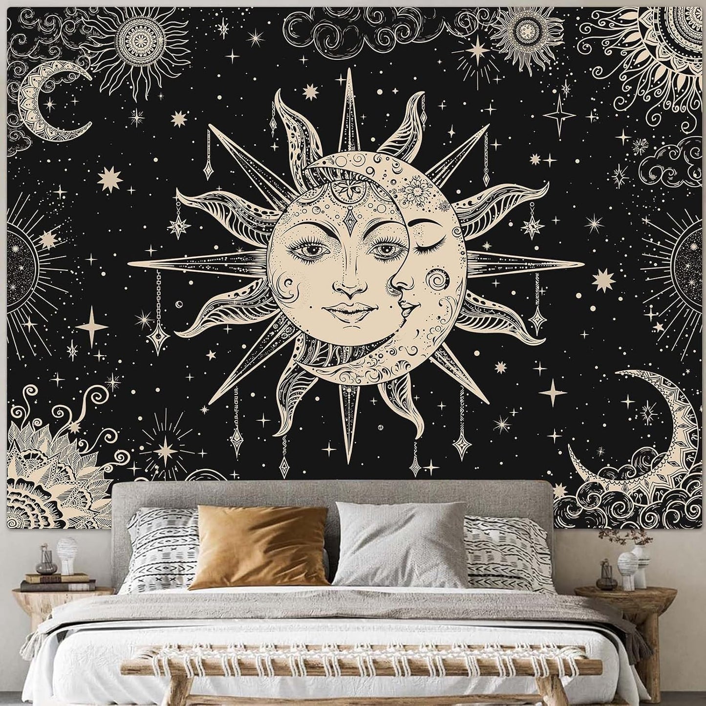Lunerfex Sun and Moon Tapestry Mandala Wall Tapestry, Vintage Tapestries for Bedroom Ceiling